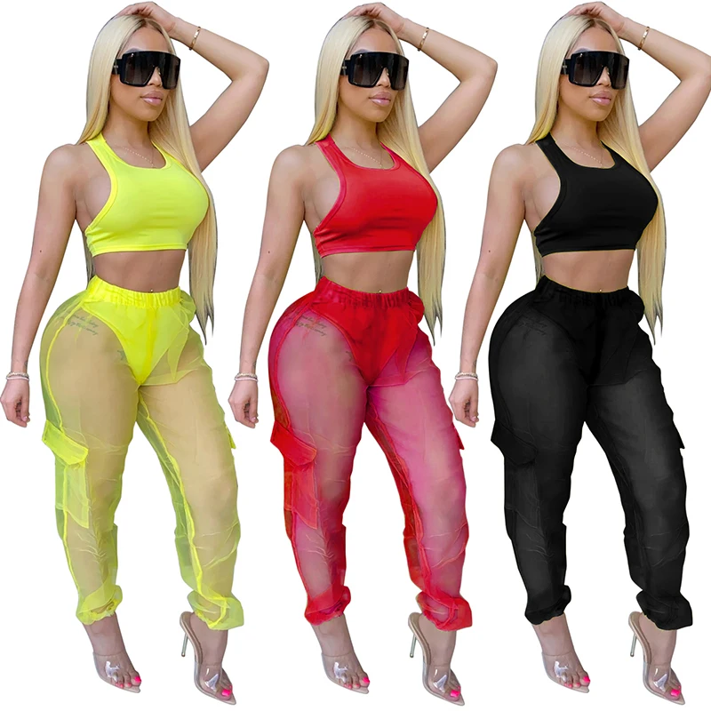 

2020 New Arrival Wholesale Two Pieces Outfits Color Block 2 Piece Transparent Sexy Crop Top Suit Short Woman Set