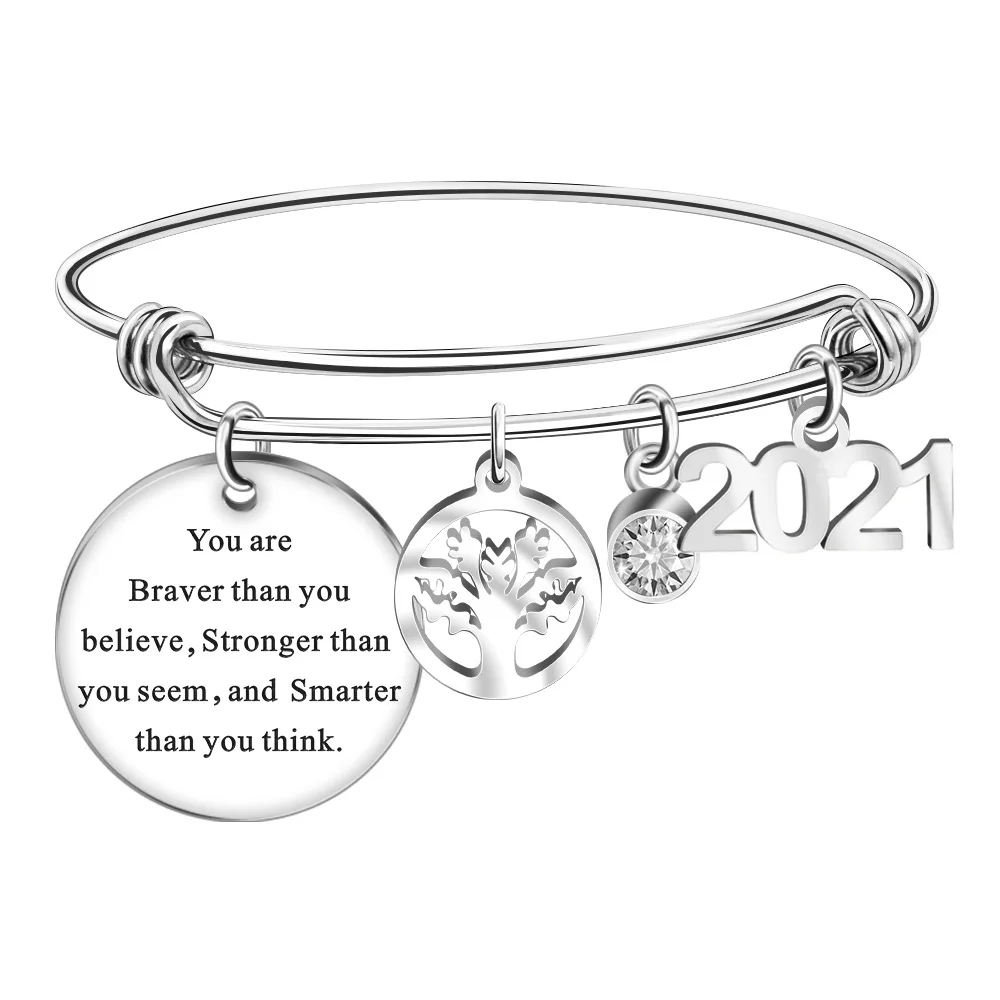

Fashion 2021 Charms Birthstone Pendant Bracelet Stainless Steel Adjustable Wire Bangle, Silver