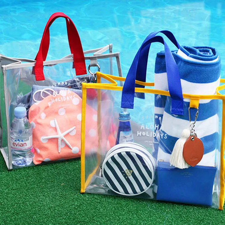 

Korean Style Transparent PVC Handbag Swimming Bag Portable Fashion Beach Bag, Blue, red