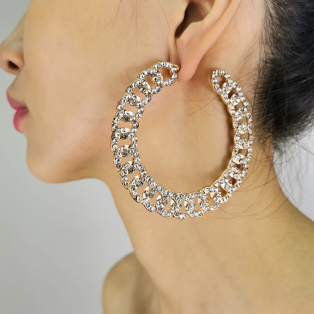 

New Arrived Iced Out Bling Hoop Earrings Sparking Crystal Chain Diamond Rhinestone Earrings Jewelry Women, Gold, silver