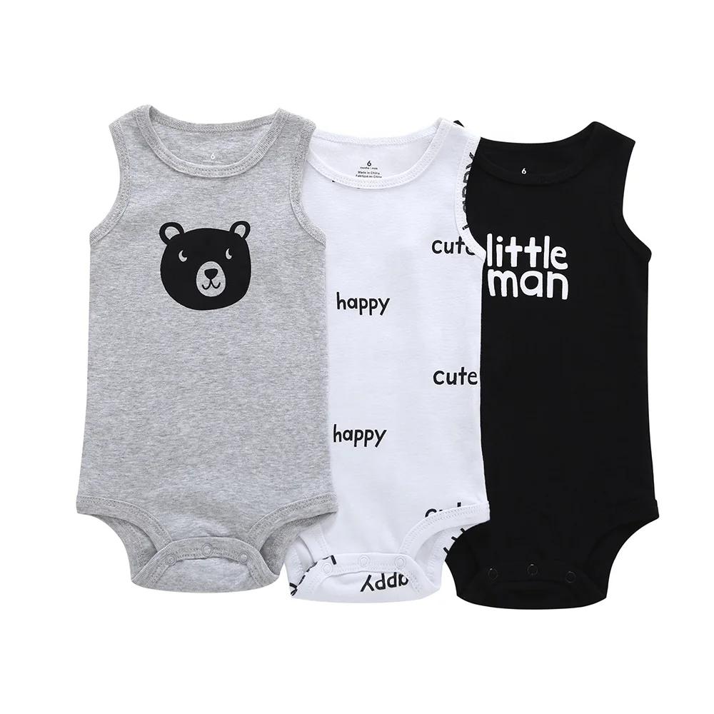 

Wholesale Cheap Earth Tone Black/Gray/White Cartoon Printed Cotton Sleeveless Summer Baby Boy Rompers for Newborn to 18 Months