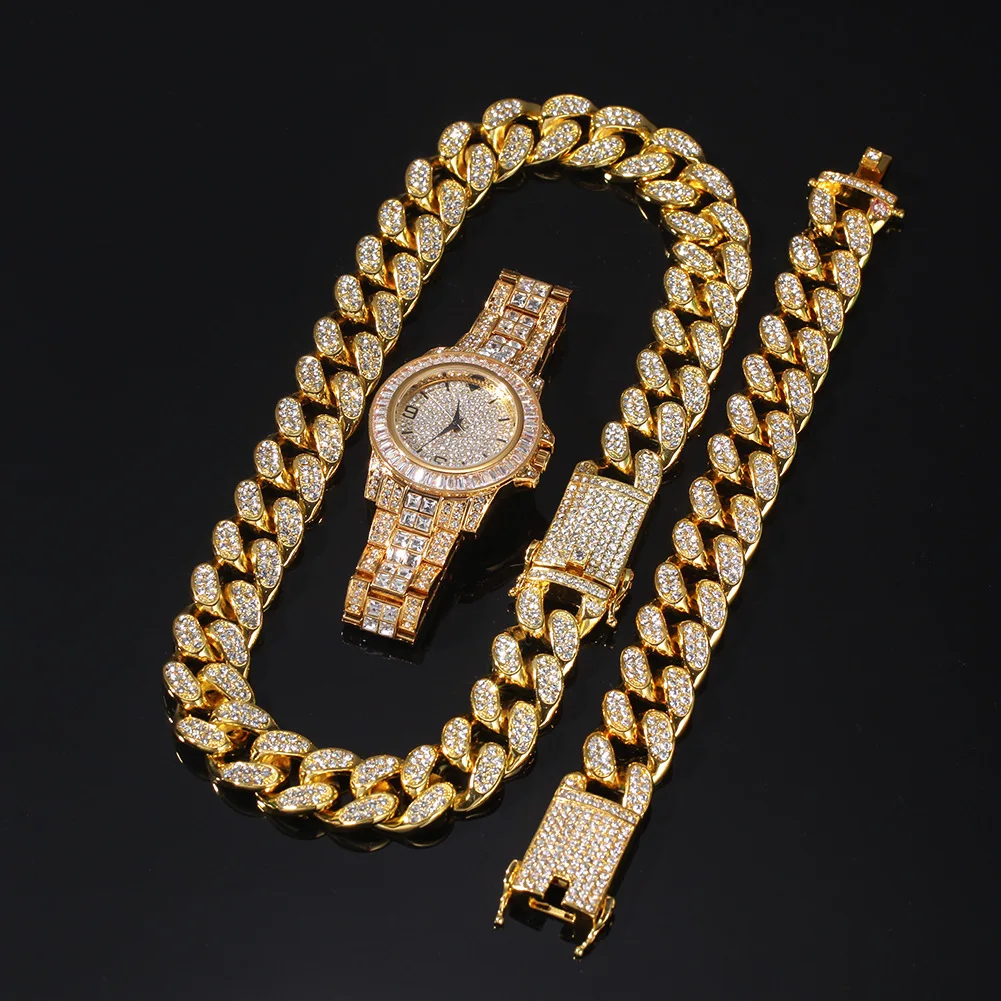 

2021 new men design Cuban chain thick chain necklace bracelet watch jewelry set ice diamond Hip Hop jewelry, Gold color