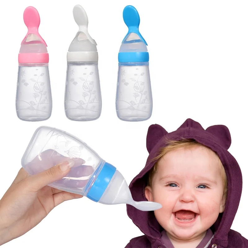 

125ml Baby Silicone Bottle Dispenser With Spoon Baby Feeding Tool, White pink bule