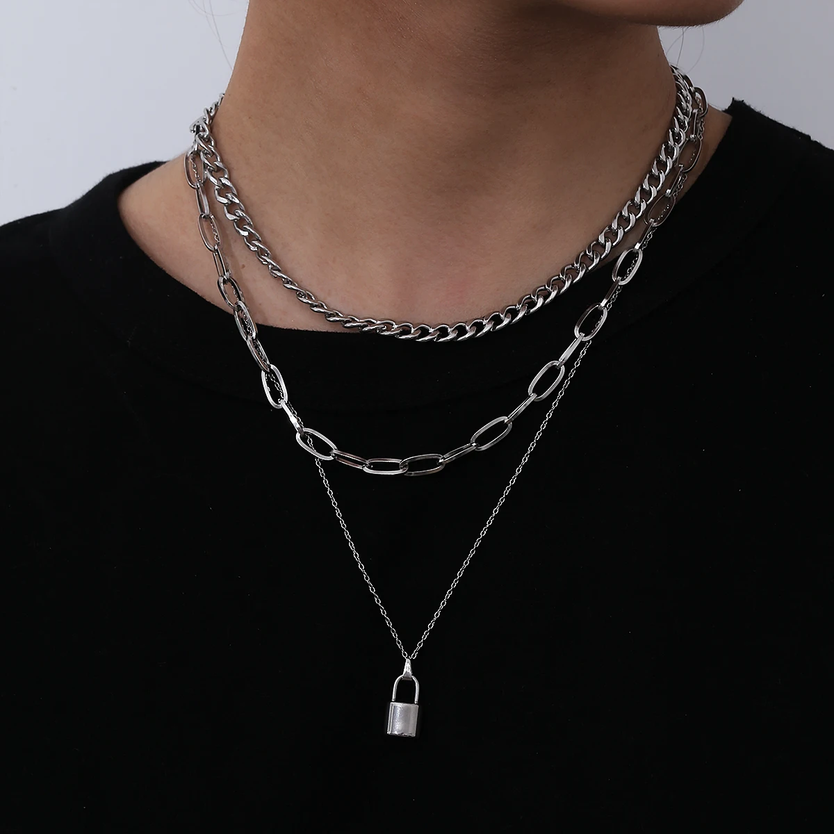 

SHIXIN Trendy Silver Layered Necklace Stainless Steel Initial Tennis Chain Lock Couple Pendant Necklace for Men Women Jewelry