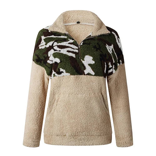 

Hot Sale Monogram Leopard Stitching Women Sweater 1/4 Zip Sherpa Pullover With Pockets, White+brown,black+brown,apricot+green,black+green,white+green