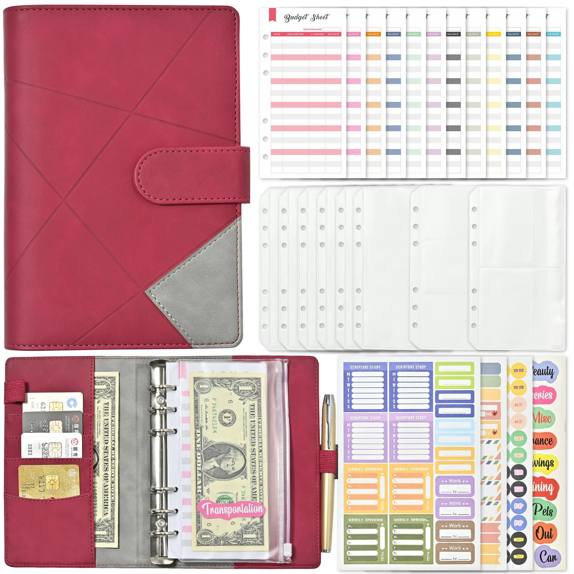 

New product a6 pu leather loose leaf budget binder with cash envelope personalized binder planner notebook set for budgeting