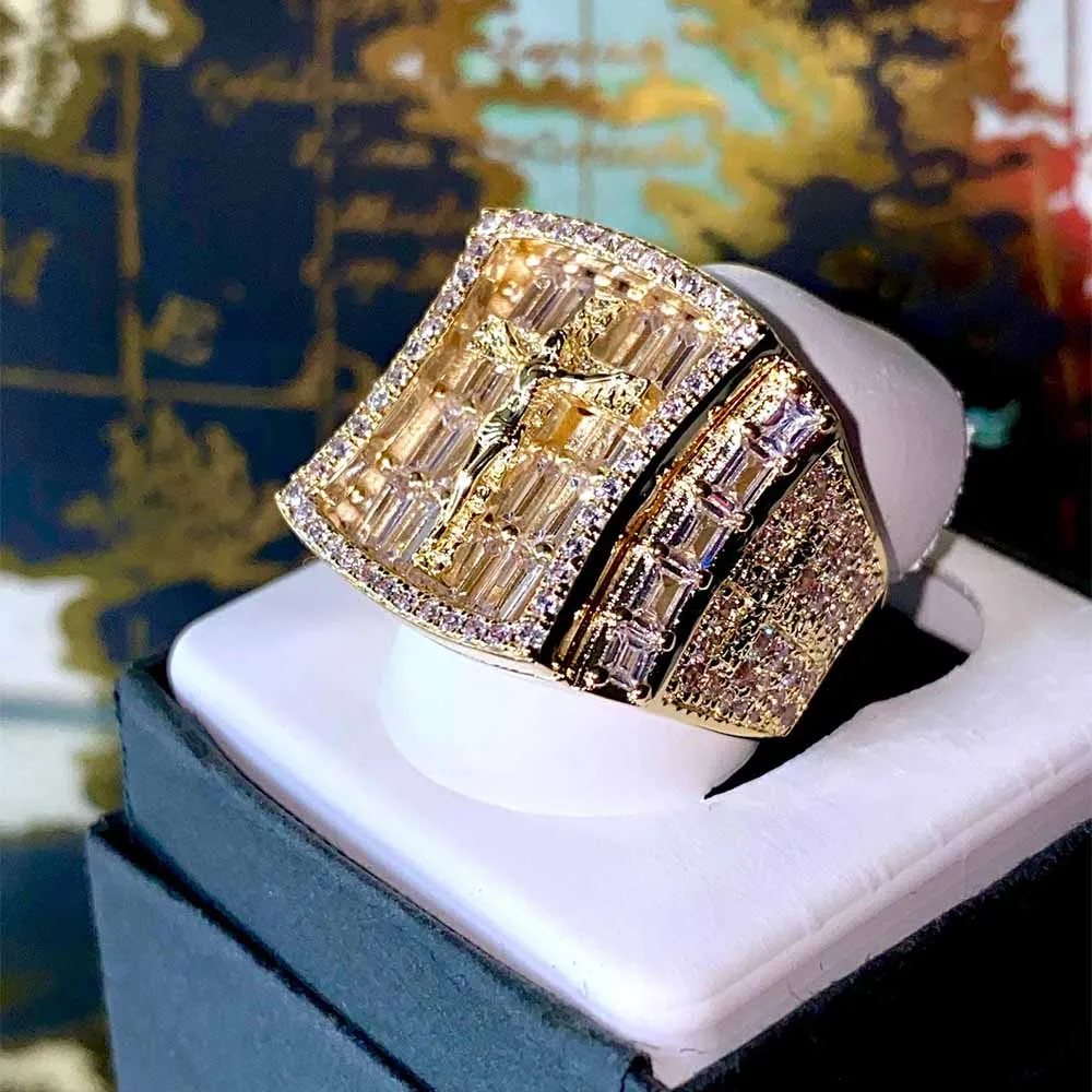 

50% Discount New Design Man Crystal Jesus Cross 14k Gold Plating hip hop jewelry ring men