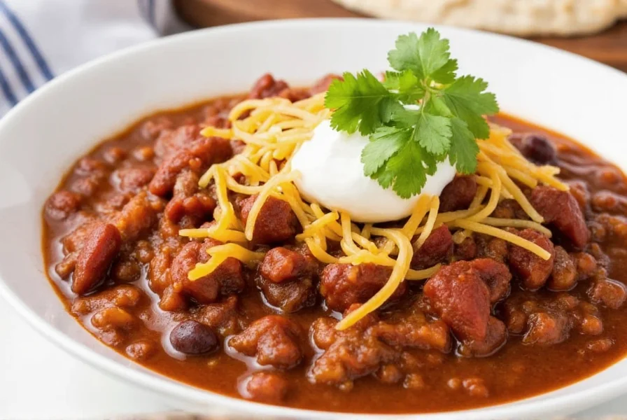 Perfectly textured instant pot chili served in white bowl with toppings: sour cream, shredded cheese, and fresh cilantro