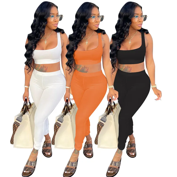 

Women's Crop Top Long Pants Solid Color Knitted Backless Elastic Waist Clothing Sets Woman Two Piece Summer Yoga Legging Set, As picture