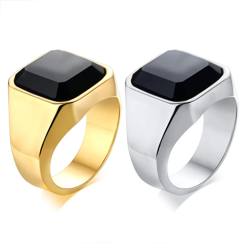 

black agate ring 2022 New Design Trendy Stainless Steel Jewelry Black Agate Steel And Gold Color Ring For Men