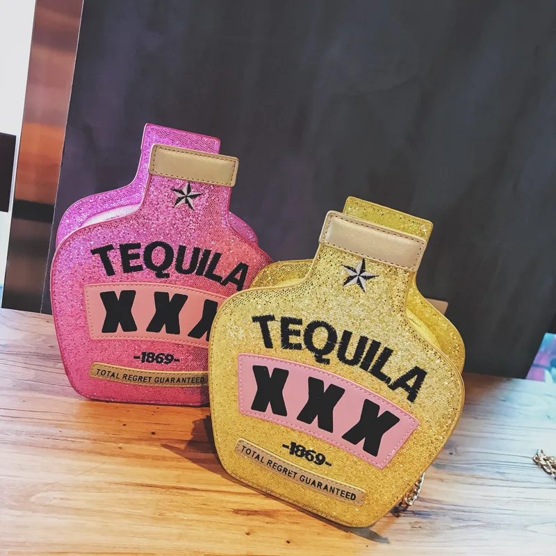 

PU Women Girls Fashion champagne bottle shape Messenger Crossover Crossbody Bag, Yellow, pink, blue , silver