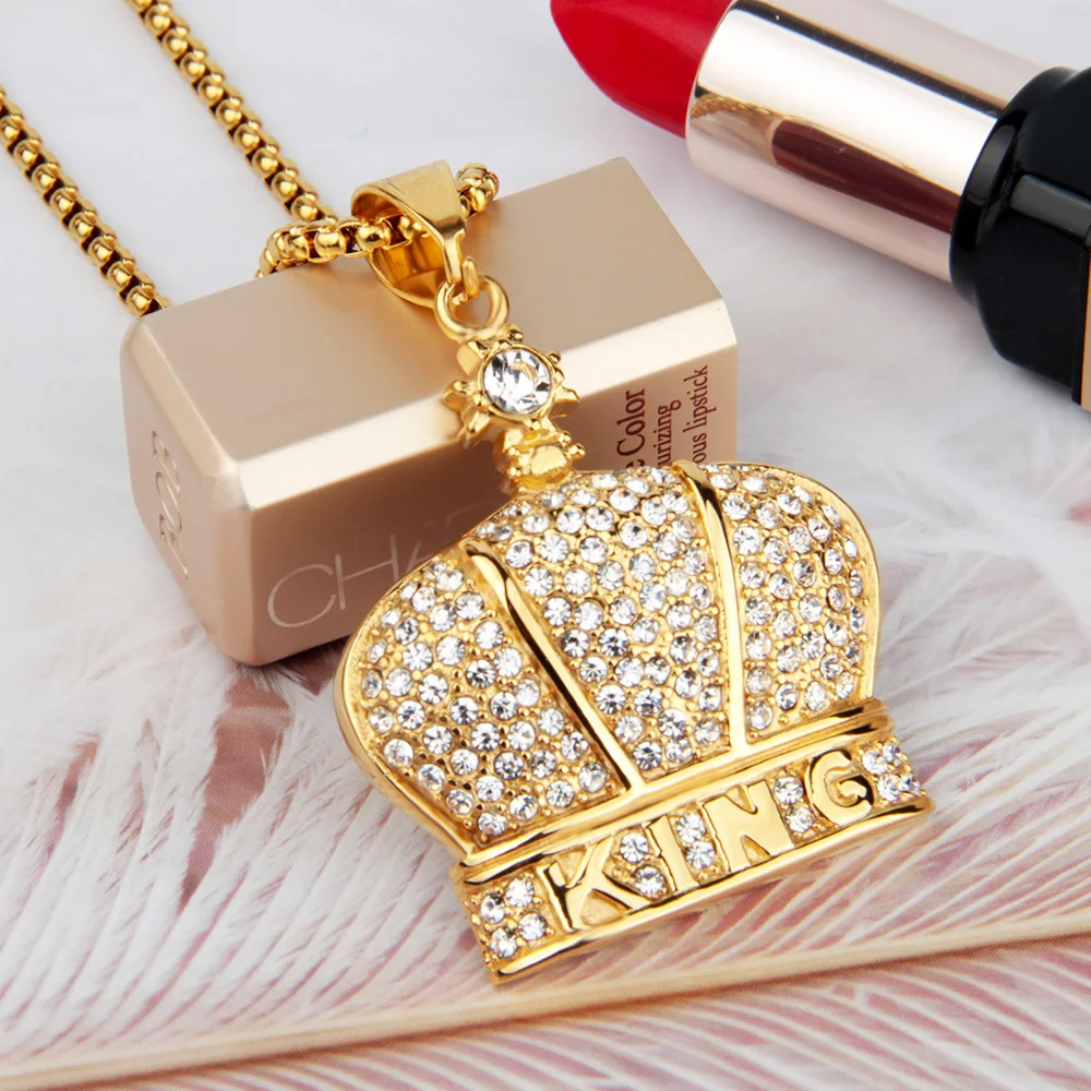 

High Quality Gold Plated Jewelry Gift Pendant Accessories Set Diamond Crown Stainless Steel Necklace