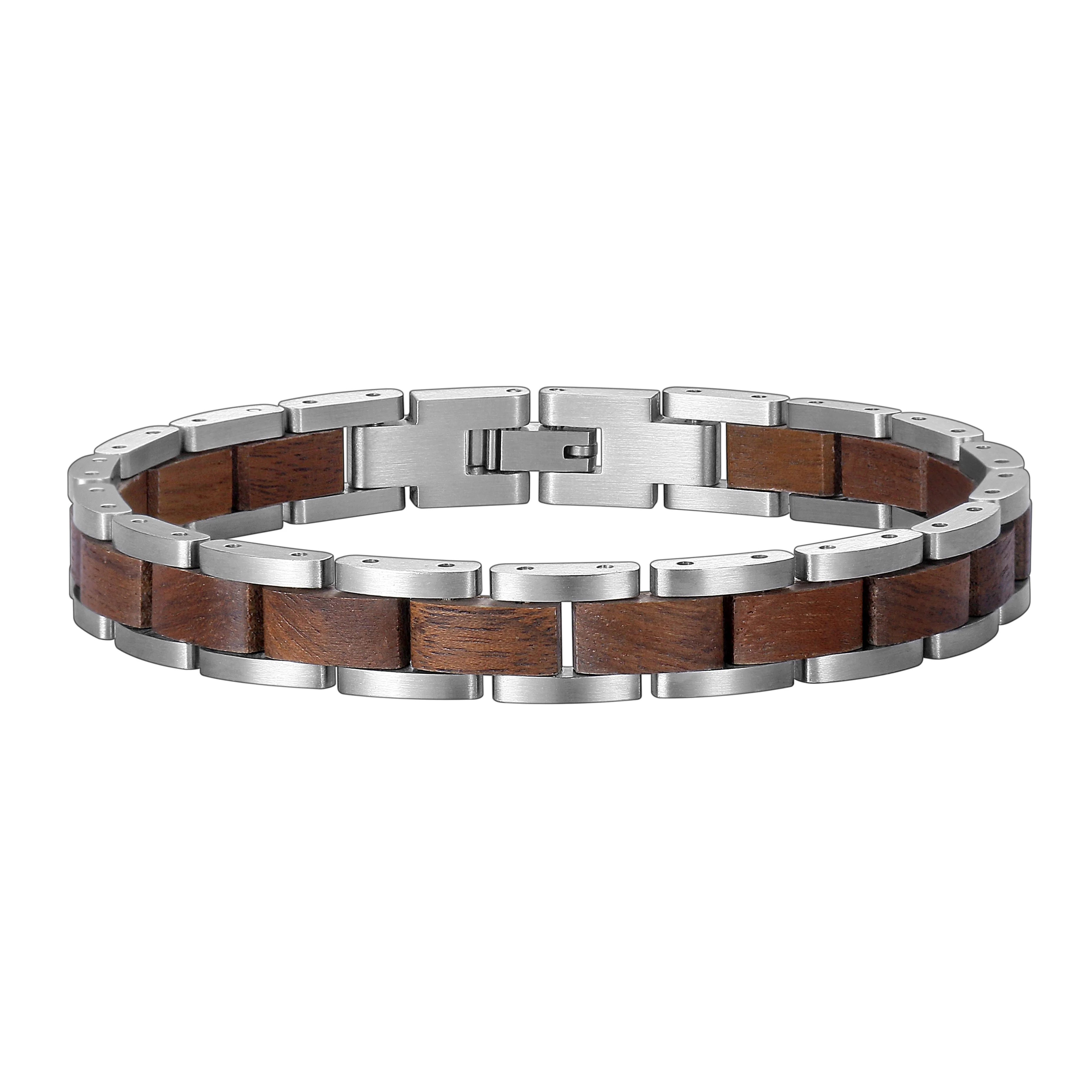 

Charm Handmade Designer Customized Wood Bracelet Silver Stainless Steel Wooden Bracelets Men Pulsera Madera