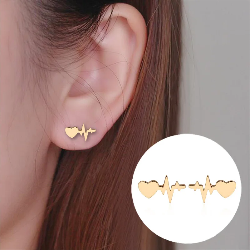 

Fashion Nurse Doctor Gift ECG Stainless Steel Gold Medical Heartbeat Stud Earring for Women Jewelry, 3 colors