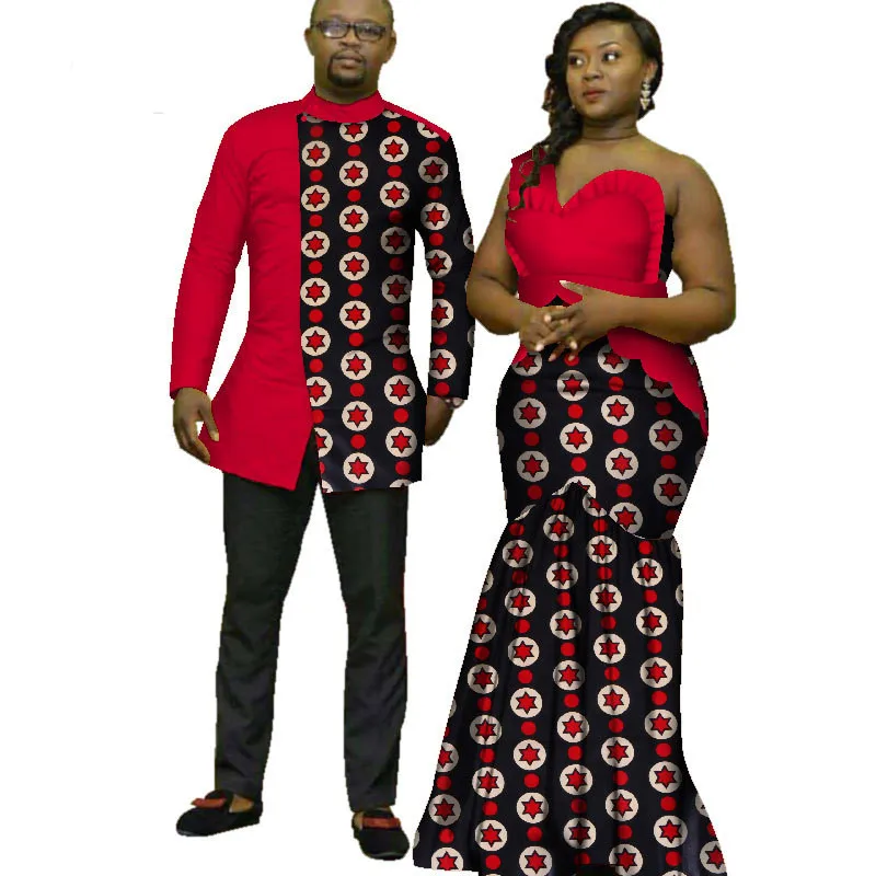 

Africa ethnic wax printed strapless women dress with bracelet men's shirt Cotton African Couples Clothing, Shown