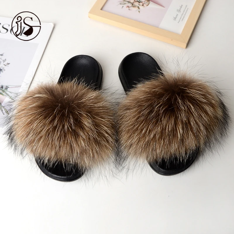 

Long furry fox fur slippers colorful fur slides women fashion slippers custom soft warm women slides, Picture