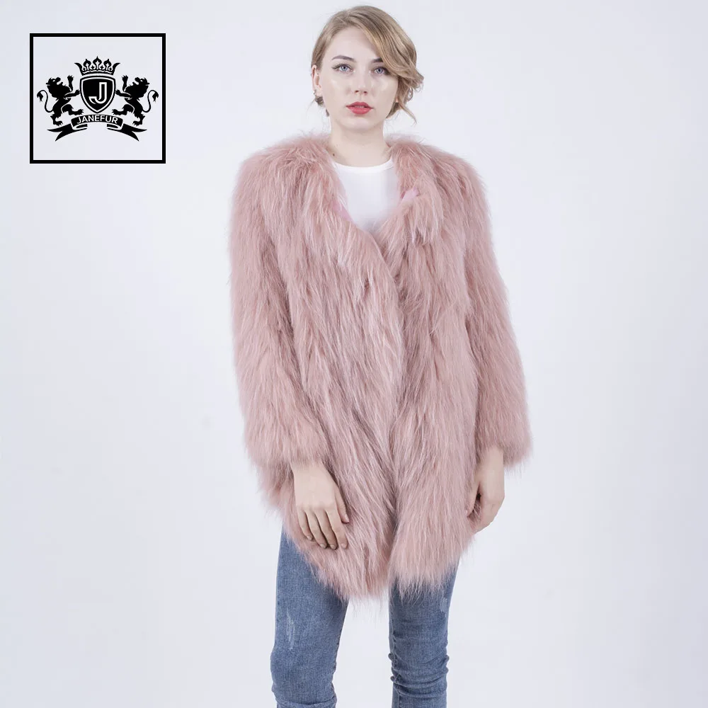 

winter luxury pink knitted fur coat women warm long style raccoon fur coat, 1 color,can be customized