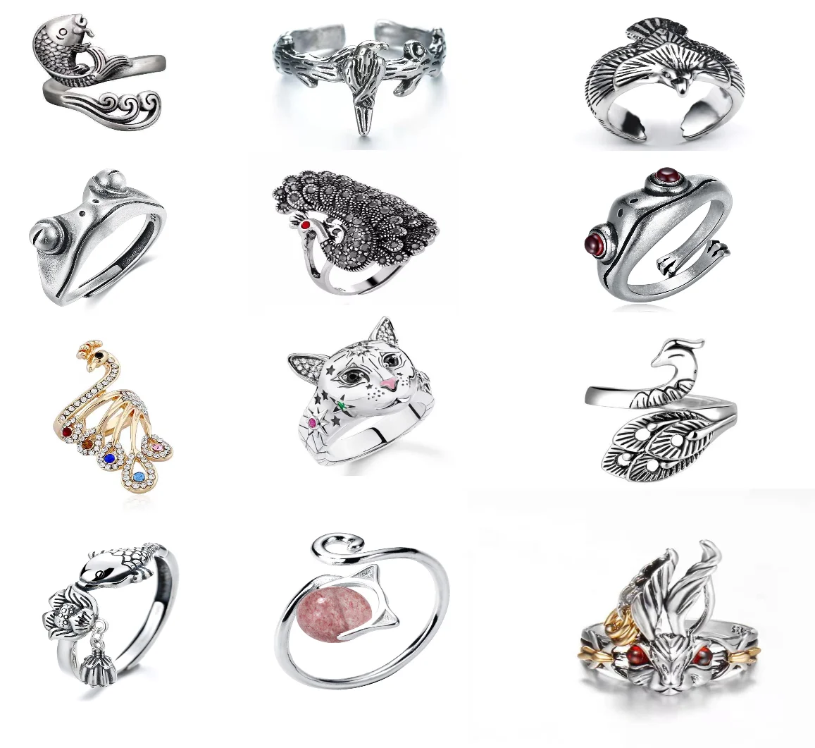 

Retro silver women and men fashion party accessories adjustable frog snake dragon cat and animal rings, Picture shows