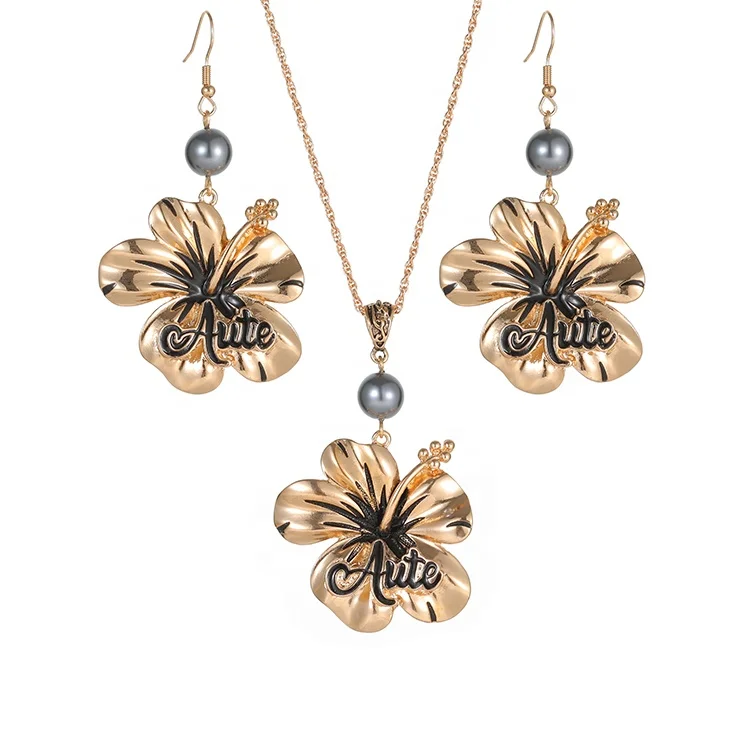 

Wholesale Gold Plated Hibiscus Flowers Ladies Brazillian Jewelry Set Hawaiian Earrings Necklace, Golden