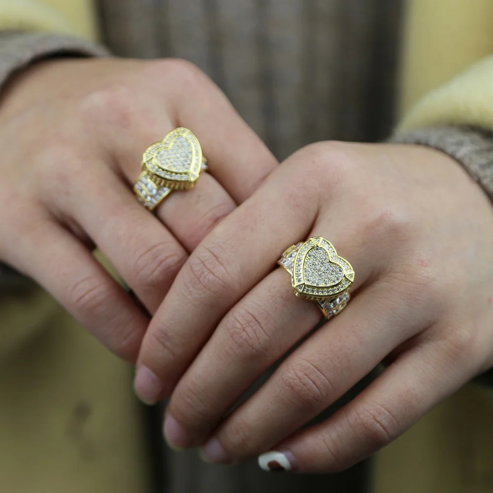 

Best Gift Wedding Ring With Bling Cz Paved Heart Shape Wide band Heavy Ring For Women Men Engagement Valentine's Day Gift