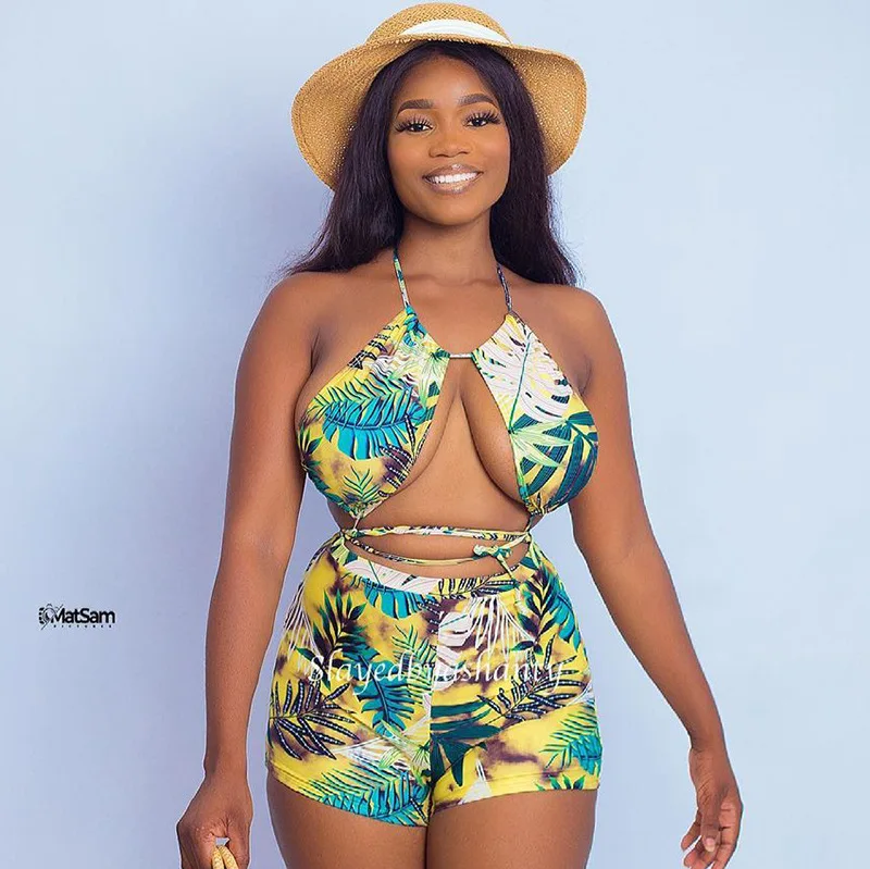 

Summer Sexy Backless Midi Halter Printed Beach Jumpsuit For Girls 2 Piece Short Set Floral Jumpsuit, Orange/yellow