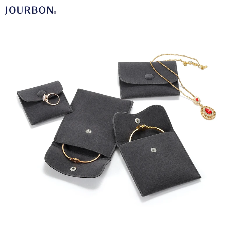 

Jourbon Custom Logo Luxury Envelope Button Drawstring Velvet Suede Leather Gift Packaging Bag Snap Jewelry Pouch, Red, gray, purple