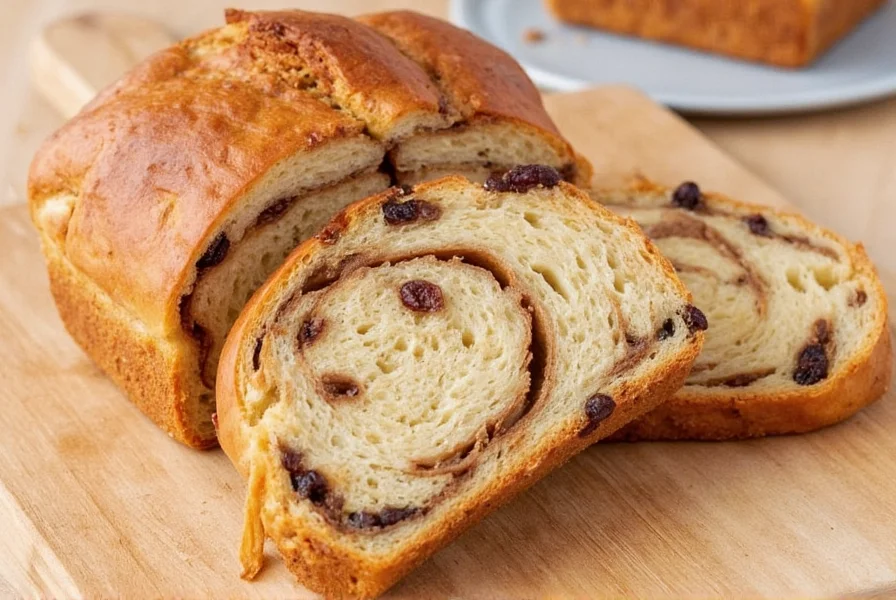 Sliced homemade cinnamon raisin bread with visible swirl pattern, golden crust, and plump raisins on wooden cutting board