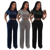 

Knit Short Sleeve Two Pieces Set Round Neck Tops High Waist straight Long Pants women jumpsuits and rompers