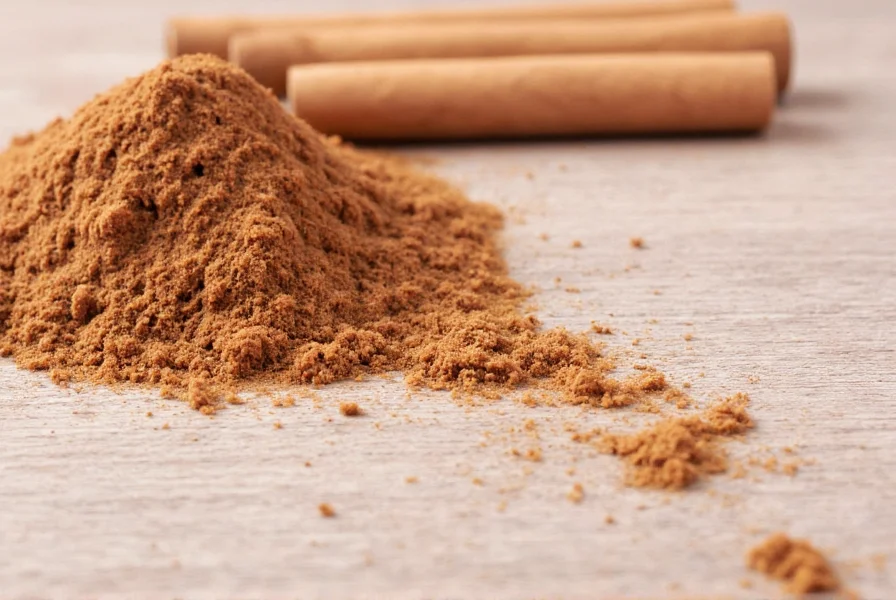 Close-up of cinnamon sticks and ground cinnamon measuring spoon showing one teaspoon portion