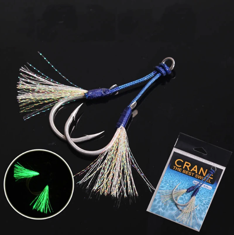 

Amazon Quality Super Strong 16 Weaves Braided Line Jigging Hook Luminous Feather Double Assist Hooks, Picture shows