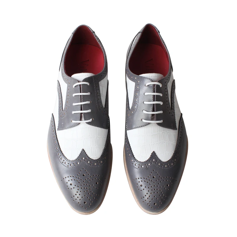 

Vikeduo Hand Made Latest Collection Male Genuine Leather Sole White Grey Derby Shoes Sexy Men's Shoes Dress, Grey + white