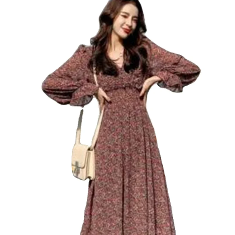 

2021 spring new floral dress female chiffon mid-length retro temperament was thin waist long-sleeved long skirt small