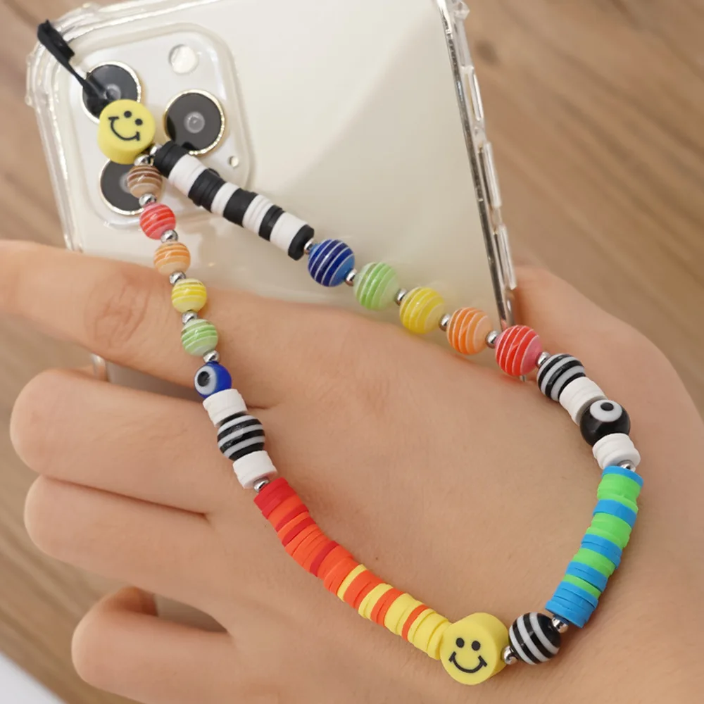

Fashion smiley face polymer clay beaded phone chains Handmade colorful rainbow cute bead phone strings