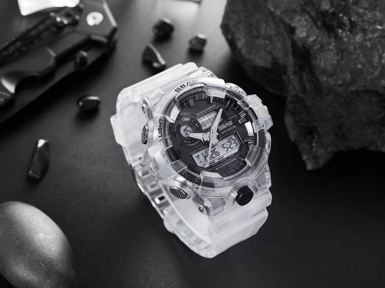 户外运动防水男士手表防震双显示透明电子手表的学生