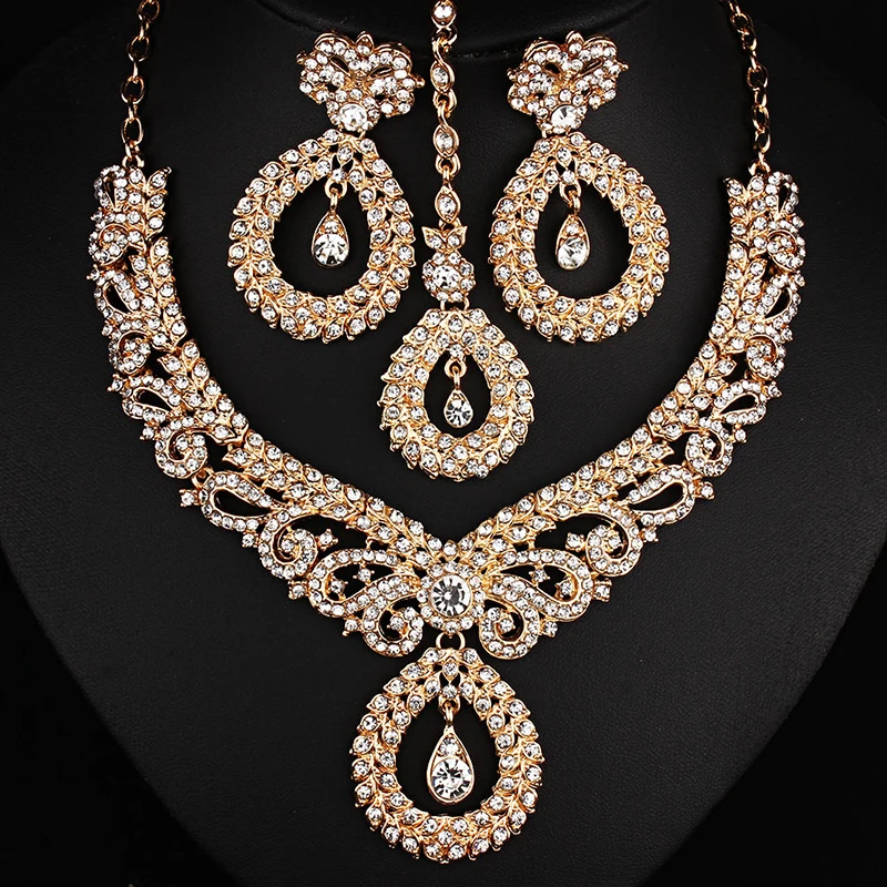 

Wholesale Vintage Bridal Jewellery Zircon Gold Jhumka Eye Headpiece And Earring Set With Neckesh women, Colorful