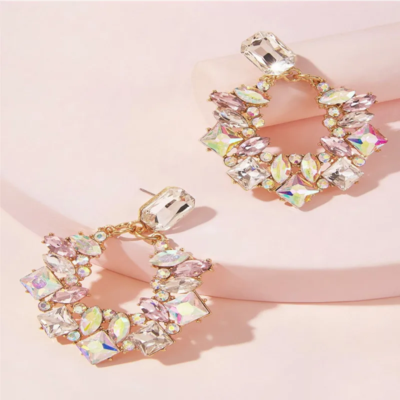 

Kaimei womens fall fashion 2020 custom jewelry pink crystal rhinestone statement earrings gold plated irregular diamond earrings, Many colors fyi