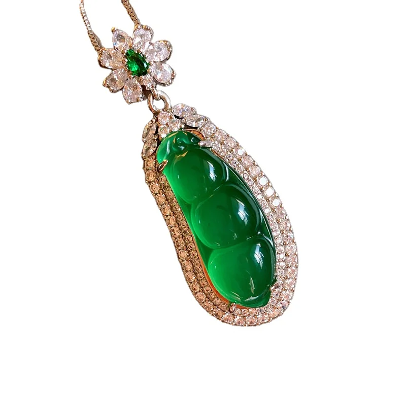 

Ice Chalcedony Lucky Bean Pendant Inlaid Green Jadeite String Bean Jade Pendant Necklace