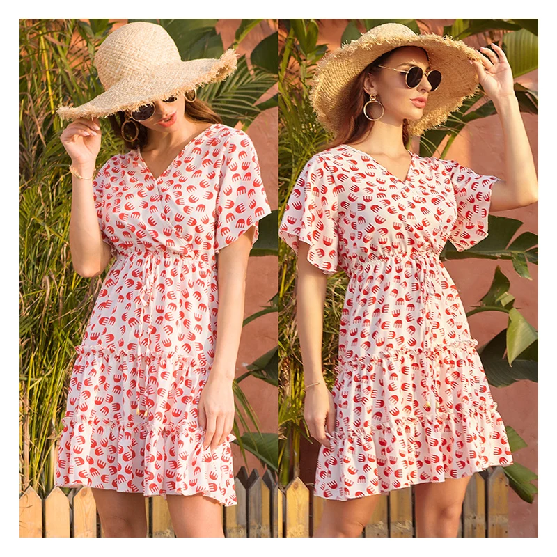 

Hot Sale Summer Women Clothing Casual Beach Dress V Neck Ruffle Girl's Dresses Holiday Dress For Lady, Shown,or customized color,provide color swatches