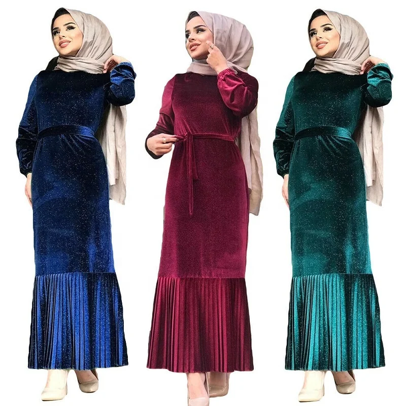 

New Dubai abaya velvet long dress muslim women pleated kaftan party Turkish robe warm abayas, Navy, black wine red, green