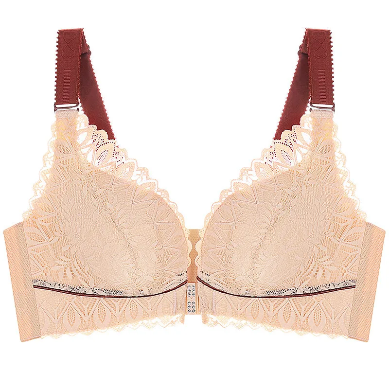 

Summer front buckle large size underwear for women contrast color thin section gather adjustable beautiful back bra set, Multi color