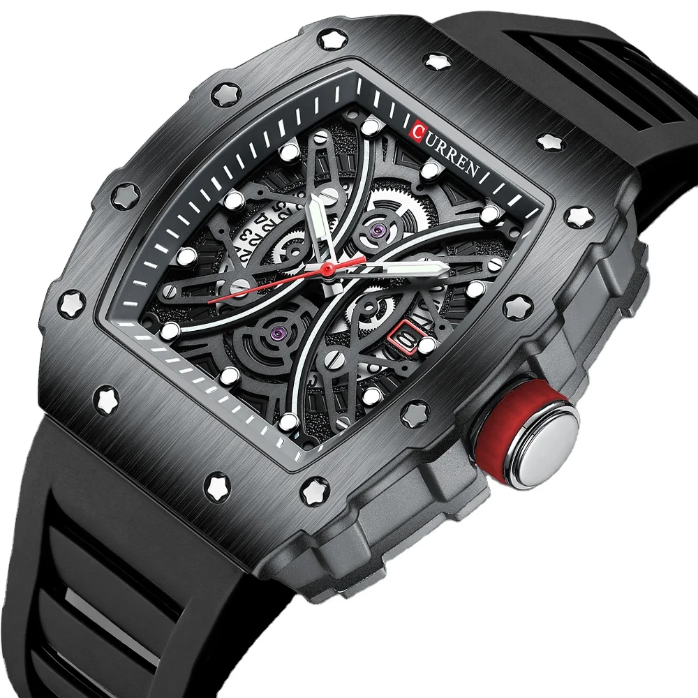 CURREN 8438 New Man Square Luminous Watches for Men Sport Casual Silicone Bracelet Half Hollow Auto Date Dial Wristwatches Gift