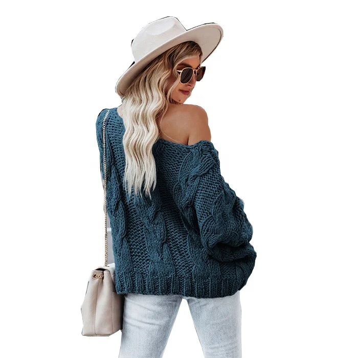 

Free Shipping Trendy Casual Loose O-neck Sweater Off Shoulder Ladies Knitted Pullover Women Solid Color Sweater, Accept customized color