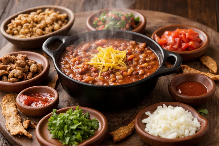 Assorted chili toppings arranged in small bowls around a steaming bowl of chili