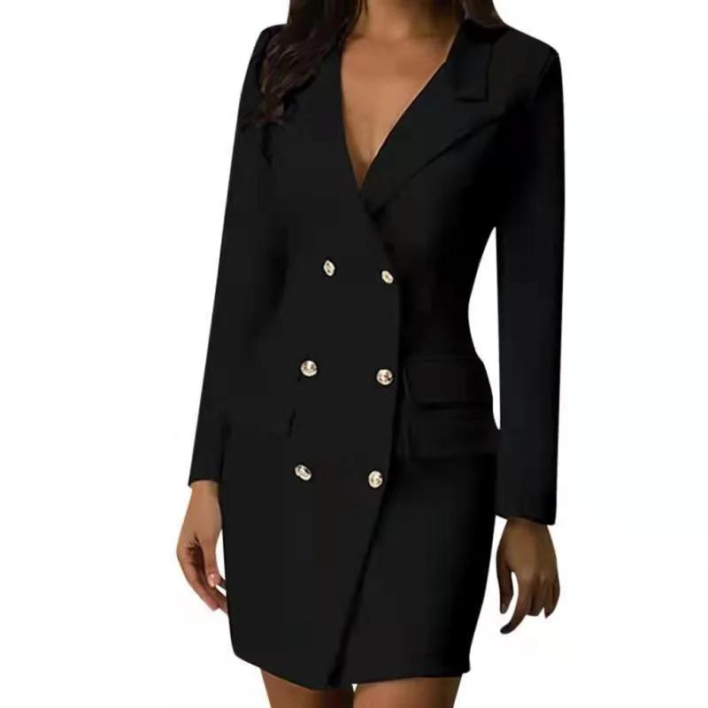 

Elegant solid color long-sleeved v-neck double breasted blazer bodycon formal dress professional office dresses for women