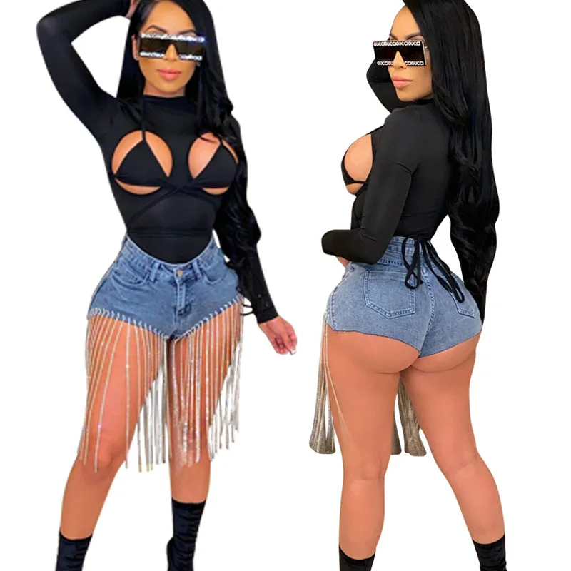 

2021 Summer Popular Style New Shorts For Women Fringed Chain Denim Shorts High Waist Slim Women Shorts