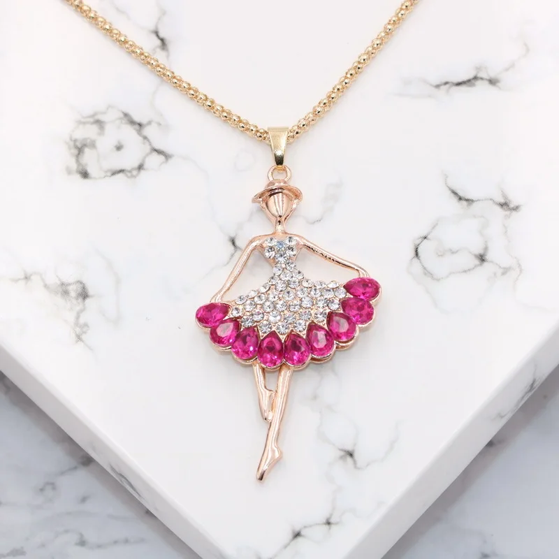 

Fashion Elegant Rhinestone Ballet Dancing Girl Pendant Necklace Long Gold Plated Snake Chain Sweater Charm Necklace, Picture
