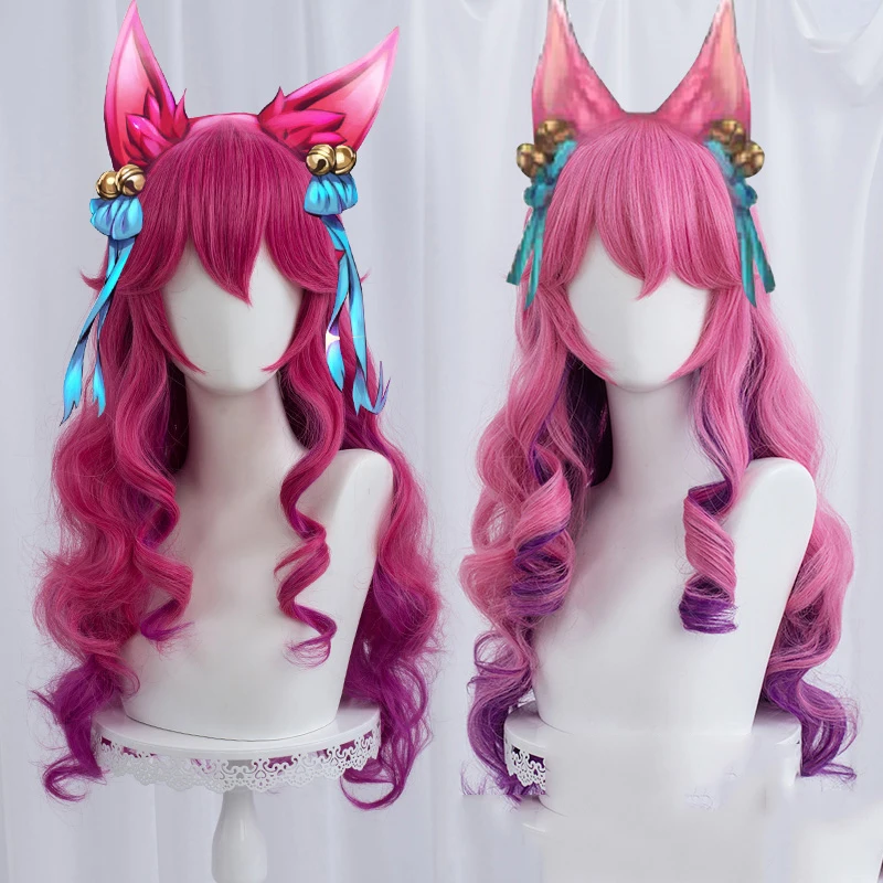 

LOL Hero Ari League Soul Lotus Skin Ahri Cosplay Pink Long Wig with Hair Bows Cosplay colorful synthetic lace wig