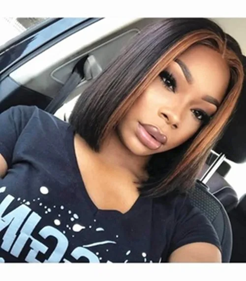 

12 Inches Highlight 1b Honey Brown Color Straight Bob Virgin Cuticle Aligned Hair 13*6 Lace Front Wigs