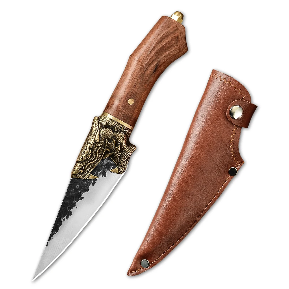 

Amazon Hot Selling Outdoor Knives 5 Inch Hammer Forged Belt-loop Leather Sheath Fixed Blade Forging Dragon Hunting Knife Set