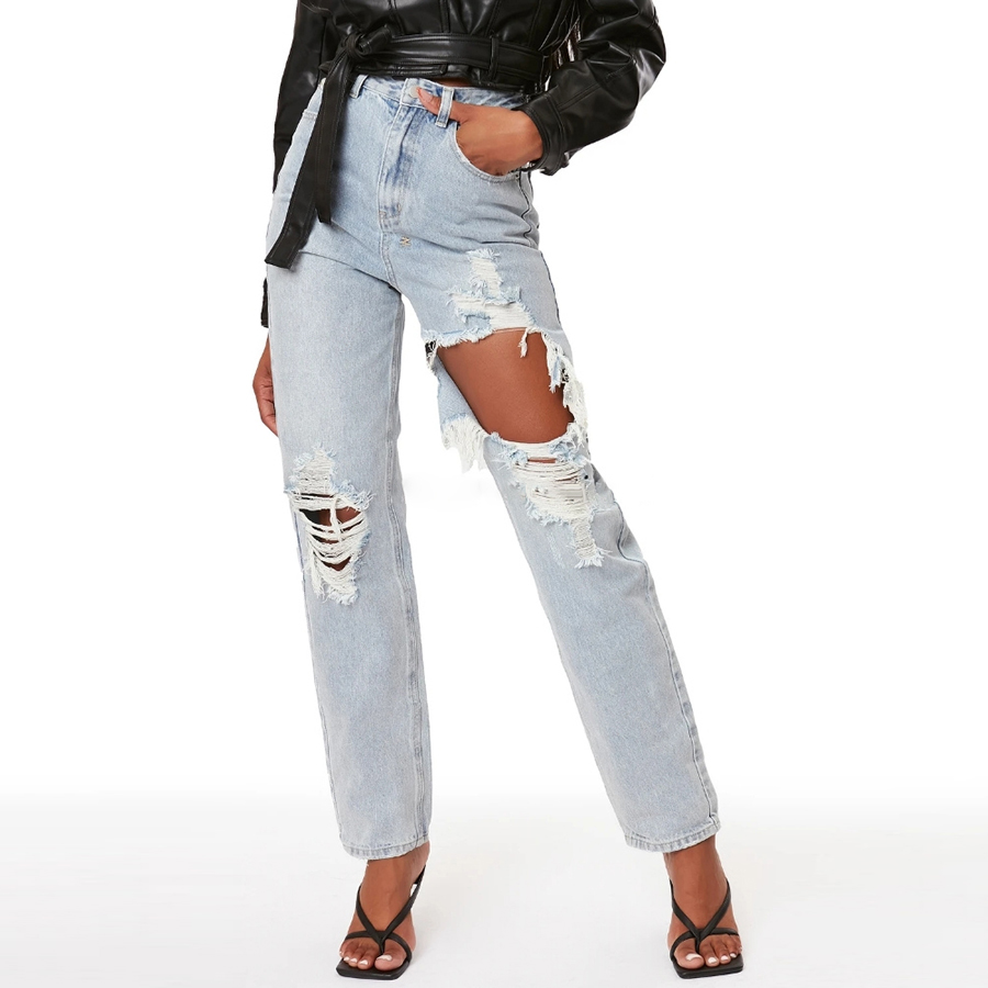 

2021 Summer Hole Fashion High Waist Denim Pant Ripped Streetwear Casual Cowboy Women's Jeans, Gray